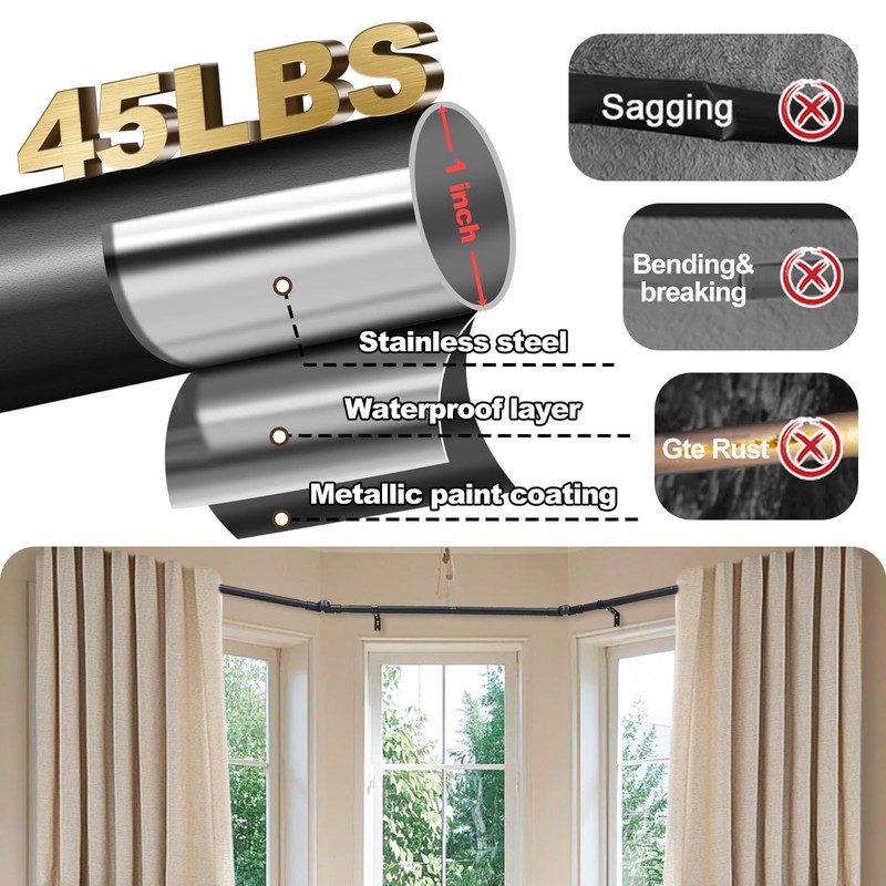 Bay Window Curtain Rods 1 Inch Rustproof Metal Corner Curtain