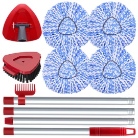 Spin Mop Head and Brush Replacement Compatible with O Cedar RinseClean 2-Tank System, 4 Mop Replace Heads, 1 Mop Handle, 1 Mop Base and 1 Mop Base Scrub Brush Combo Set