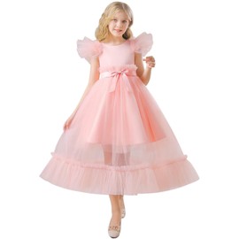 GELOMARI Satin Flower Girl Dress Girls A-Line Ruffle Sleeve Dresses Girl Formal Tulle Dress for Wedding Party Birthday(5-6Y Pink)