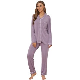 Yoolfine Button Up Pajamas for Women, Long Sleeve Sleepwear Soft Loungewear Ladies Pjs Set, Lavender, Large