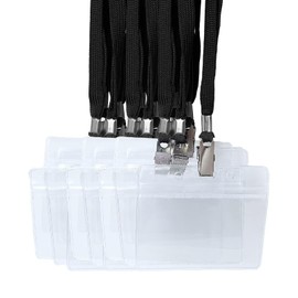 ID Card Holder Neck Lanyard Name Holder Name Card Holder Staff Employee ID Card Pass Trade Show Soft Waterproof Transparent Horizontal 5 Pack Black