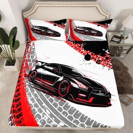 Feelyou Race Car Fitted Sheet Twin Size Kids Speed Sports Car Bed Sheet Set for Boys Girls Teens Racing Car Bedding Set Breathable Extreme Sports Bed Cover Red Automobile Bed Set