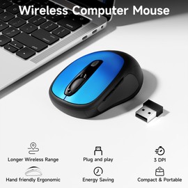 memzuoix Wireless Mouse, 2.4GHz Nano Receiver, 3 DPI Levels (800/1200/1600), 6 Buttons, Compatible with PC/Mac/Laptop (Blue)