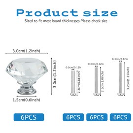 FKKFSS Diamond Shape Crystal Glass Door Handle丨6PCS Door Handle with Screws, Kitchen and Bathroom Door Handle for Decorative Drawers, Wardrobes, Cabinets and Other Wooden Doors Metal Doors (30mm)