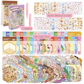 40 Sets DIY 3D House Sticker Scene Kit, Non-Toxic Safe Sticker Therapy for Adults Kids Teens, Stress Relief Creative Scene Kit with 56 PET Stickers, 40 Miniature Cabins & 2 Tweezers, Reusable DIY Fun