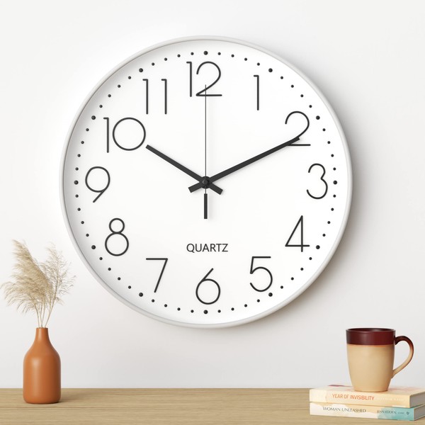 Uootach Wall Clock, 30 cm (12 Inches) Modern Silent Wall Clock, Silent Quartz Movement, Black Modern Minimalist Design, for Living Room, Kitchen, Office, Bedroom (White)
