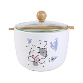 Porcelain Ramen Noodle Bowl with Glass Lid 26 fl oz Bowl With Chopsticks For Udong, Pho, Tomyum Ramen Noodle Soup Whimsical Characters (Cat)