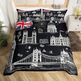 Feelyou Girls Big Ben Comforter Cover Boys Chic London Bridge Bedding Set Retro UK Theme Duvet Cover for Children Kids Women Red England Telephone Booth Bedspread Cover Black Room Decor Twin Size