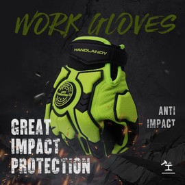 HANDLANDY Anti Vibration Gloves Men Impact Resistant Work Gloves, Padded Palm Grip Heavy Duty Working Gloves (Hi-vis Green, L)