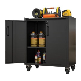 Heavy-Duty Metal Garage Storage Cabinet with Wheels Sturdy Durable Tool Storage for Home Office or Warehouse Organize Easily!Color: Black Color