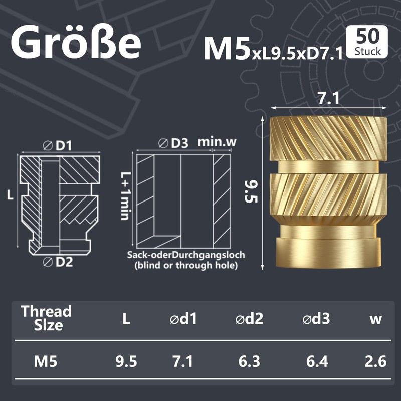 Threaded Insert, M5 (50 Pieces) Press-in Nuts for 3D Printing