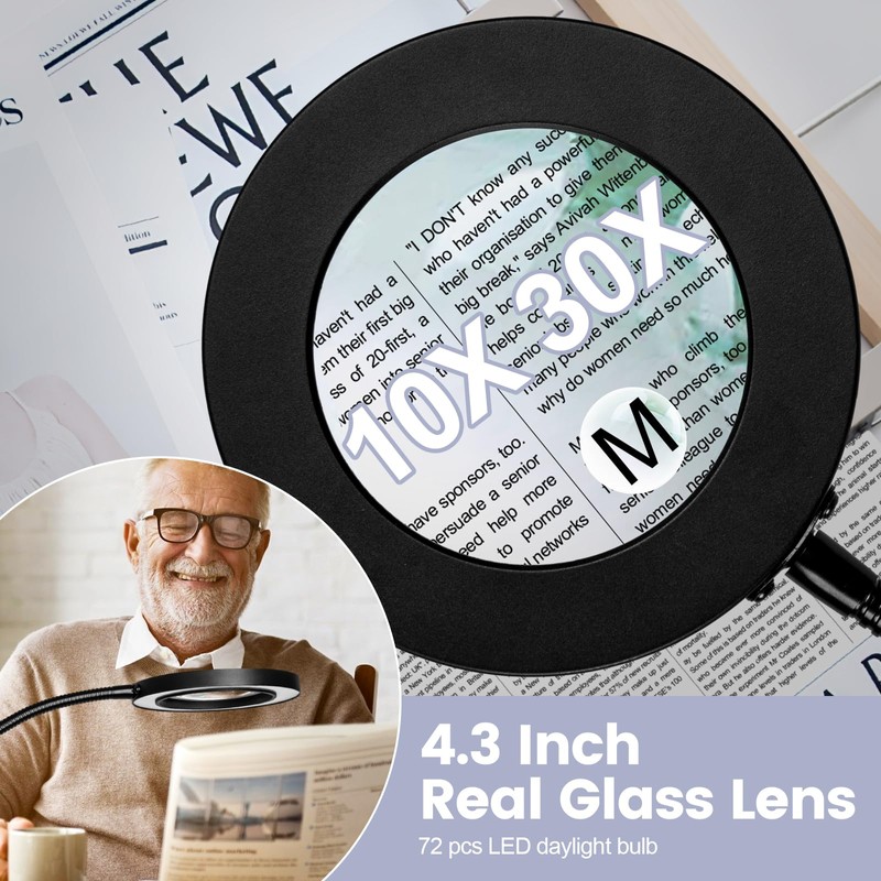 30X 12X Magnifying Glass with Light and Stand, 3-Color Stepless