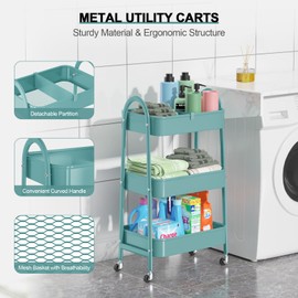 EAGMAK 3 Tier Utility Rolling Cart, Metal Storage Cart with Handle and Lockable Wheels, Multifunctional Storage Organizer Trolley with Mesh Baskets for Kitchen, Living Room, Office, Garage (Green)