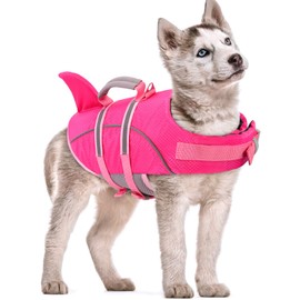 AOFITEE Medium Dog Life Jacket, Shark Life Jackets for Swimming Boating, Reflective Dog Swimming Vest with High Buoyancy, Pet Life Preserver with Rescue Handle for Medium Pets (HotPink M)