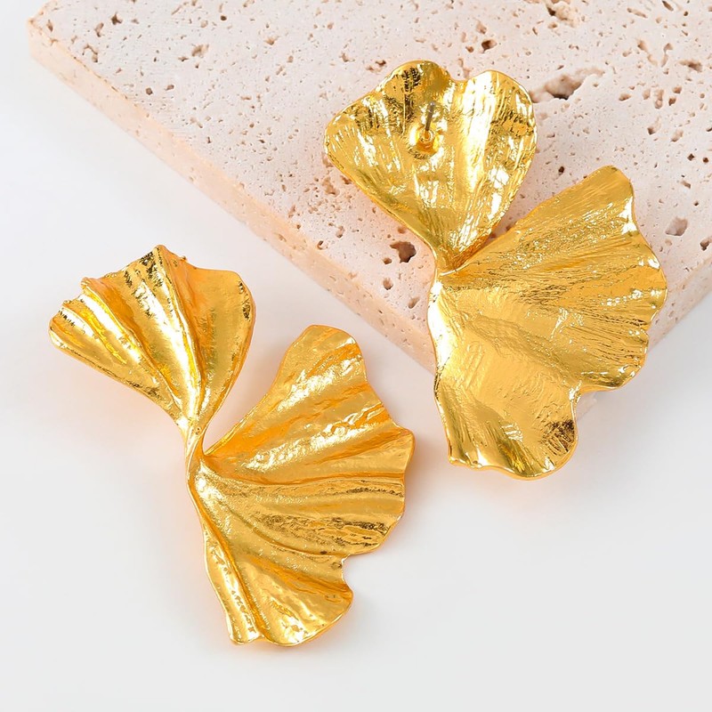 Chunky Gold Leaf Statement Earrings - Large Geometric Studs for