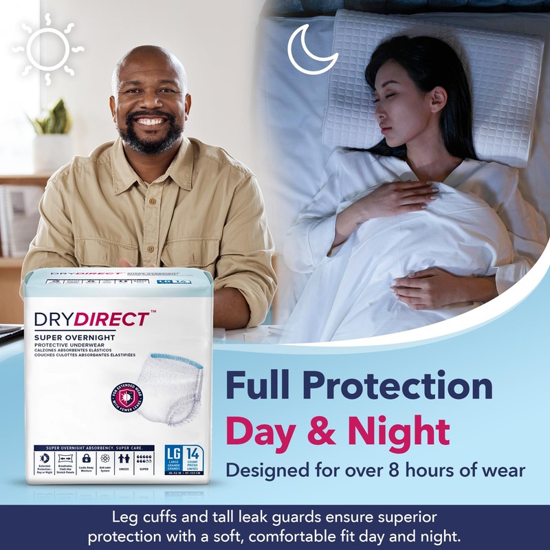 Dry Direct Super Overnight Underwear, Soft Cloth-Like Adult Diapers, Overnight