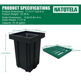 Natotela Catch Basin with Fiber Glass Grate-18x18x24 in. Deep Catch Basin for Drainage with Debris Basket,French Drain Catch Basin Without Reserved Hole for Yard,Downspout,Lawn,Municipal Pipeline