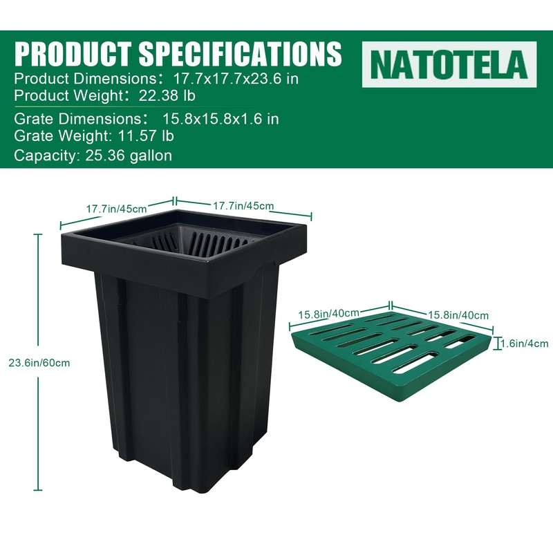 Natotela Catch Basin with Fiber Glass Grate-18x18x24 in. Deep Catch