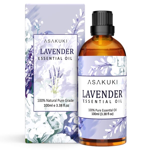 ASAKUKI Lavender Essential Oils 100mL, Lavender Oil 100% Natural Pure Therapeutic Grade, Aromatherapy Oil Lavender for Better Sleep, Health Care, Relaxation, Ideal for Humidifier, Diffuser & Wellness