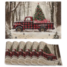 Red Truck Placemats Set of 6,Christmas Tree Waterproof Non-Slip Washable Table Mats for Kitchen Dining Holiday Party Wedding Decor 12x18 Inch