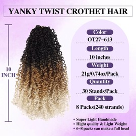Yanky Twist Crochet Hair for black women 10 Inch 8 Packs 30 Stands/Pc,Pre-looped Fluffy Spring Mini Twist Passion Twist 3 Tones Ombre Blonde Synthetic Crochet Braids Braiding Hair(10Inch, OT27/613-8P)
