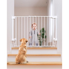 Cumbor 29.2-43" No Bottom Bar Baby Gate for Stairs, 2-in-1 Hardware Mounted Dog Gate Indoor, Auto Close Pet Gate for Doorways with Large Walk Thru Door, Wide Child-Proof Safety Gates for Kids (White)