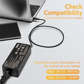 Cargador USB C para portátil de 100 W, cargador rápido compatible con Lenovo ThinkPad, Yoga, HP, Asus, Acer, Dell, MSI, MacBook Pro/Air Laptops y tabl