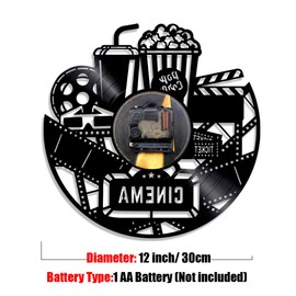 Home Theater Cinema and Popcorn Vinyl Record Wall Clock Movie Film Time Clock Watch Room Wall Home Theater Wall Decor Wall Art Gift for Movie Lover (NO LED)
