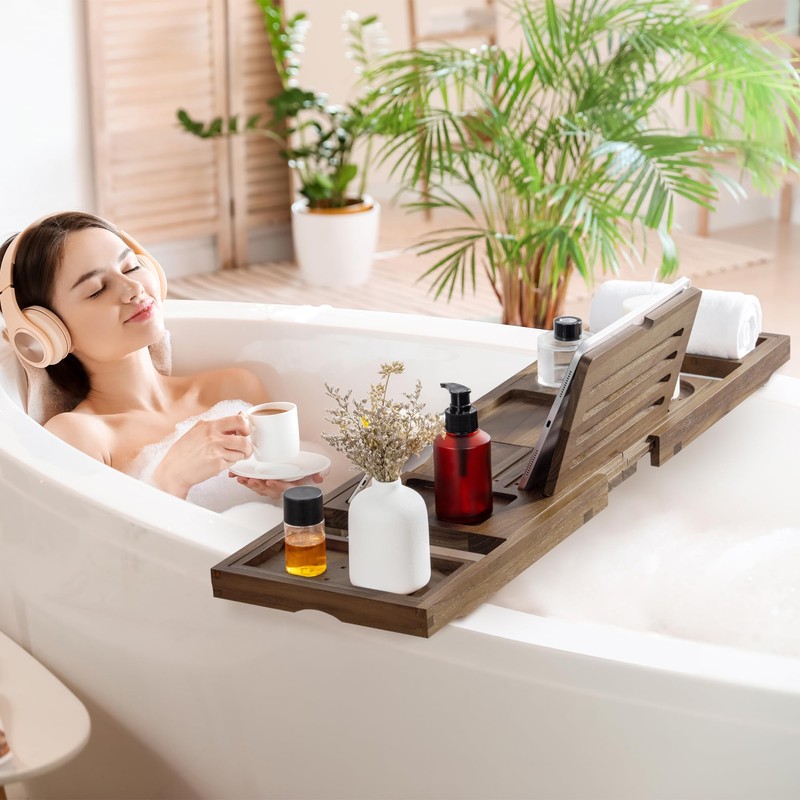 Teak Bathtub Tray - Luxury Bath Tray with Expandable Handles,