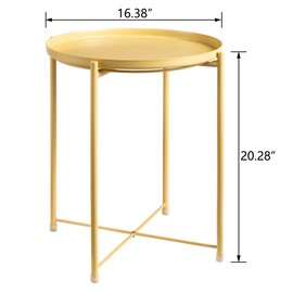 HollyHOME Tray Metal End Table, Sofa Table Small Round Side Tables, Anti-Rust and Waterproof Outdoor & Indoor Snack Table, Accent Coffee Table,（H） 20.28" x（D） 16.38", Latte Yellow