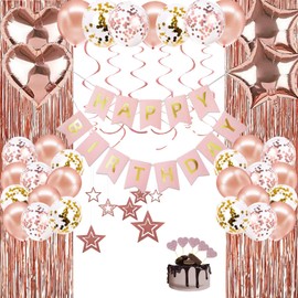 Birthday Party Decorations, Rose Gold Birthday Decorations, Happy Birthday Balloons Set for Girls Boys, Happy Birthday Banner Fringe Curtain Confetti Balloons Hanging Swirls for Birthday Party