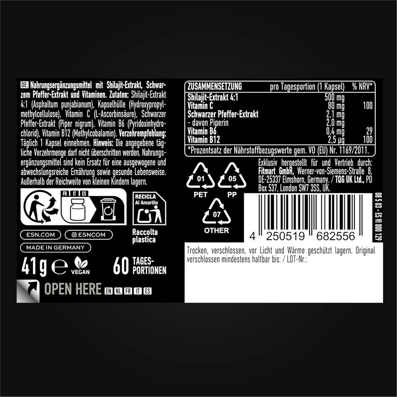 ESN Shilajit+, 60 Vegan Capsules, High Dose with 2000 mg