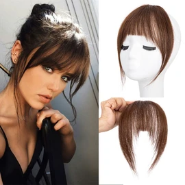 French Bangs Clip 0n Bangs 100% Real Human Hair Extensions for Women Clip in Hair extensions Fringe with Temples Hairpieces (Dark2 Brown2)