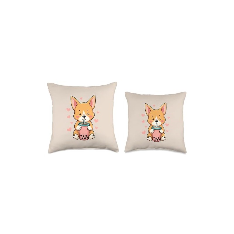 Cute Corgi Drinking Boba Kawaii Dog Lover Throw Pillow