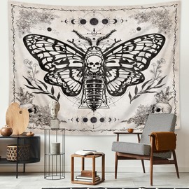 Homewelle Large Skull Moth Tapestry Gothic Vintage Butterfly Skeleton Floral Wall Art 91Wx71H Inch Moon Phase Witchy Crescent Mystic Black Beige Wall Hanging Bedroom Living Room Dorm Decor Fabric