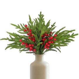 Lovmeety 10 Pcs Christmas Norfolk Pine Branches with Red Berry Stems, Artificial Norfolk Pine Stems Faux Pine Needles Holly Berries Xmas DIY Craft for Christmas Wreath Garland Decor