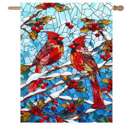 Winter Cardinal Bird Garden Flag for Outside 28x40 Stained Glass Red Birds on Snow Pine Tree Flag Christmas House Flags Large Outdoor Welcome New Years Yard Flag Double Sided