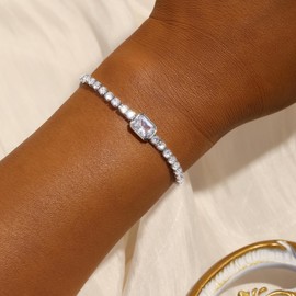 GEORGE · SMITH Bracelets for Womens,Silver Bracelet for Women Rectangle Tennis Bracelet for Women,Crystal Bracelet Ladies Jewellery Adjustable Bracelet Birthday Gifts for Her with Box