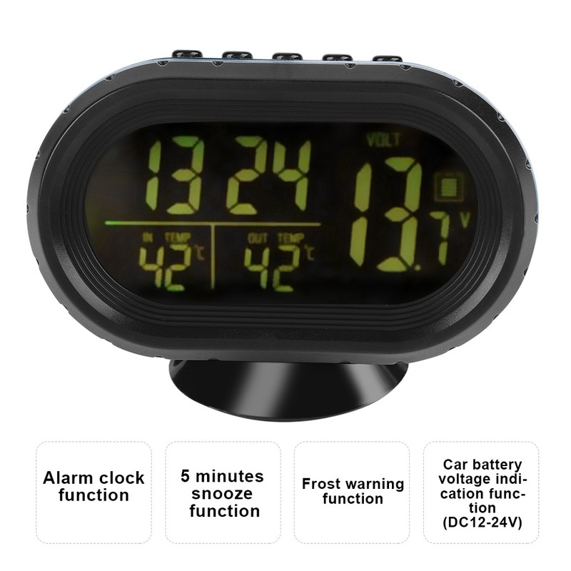 Luminous Clock Car Thermometer Temperature Display Voltage Monitor 12/24H Black