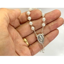 25 White Faux Pearls Silver Plated Mini Rosary for Baptism Favors, recuerdos de bautizo en Perla blanca, christening Favors white color silver plated, communion favors, wedding mini rosaries