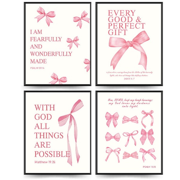4Pcs Pink Bow Wall Art Christian Aesthetic Pictures Bible Verses