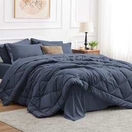 Love's cabin King Size Comforter Set Navy Blue, 7 Pieces King Bed in a Bag, All Season King Bedding Sets with 1 Comforter, 1 Flat Sheet, 1 Fitted Sheet, 2 Pillowcase and 2 Pillow Sham
