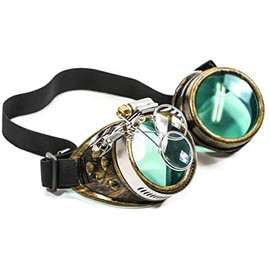 Valvetcrow Brass Steampunk Victorian Style Goggles Colored Lenses & Ocular Loupe Mad Scientist (Green)