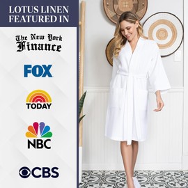 Lotus Linen Women's Bathrobe - Lightweight Waffle Kimono Knee Length White Robes - Cotton Spa Bathrobes - Bridesmaids Robe Set (Small, White)
