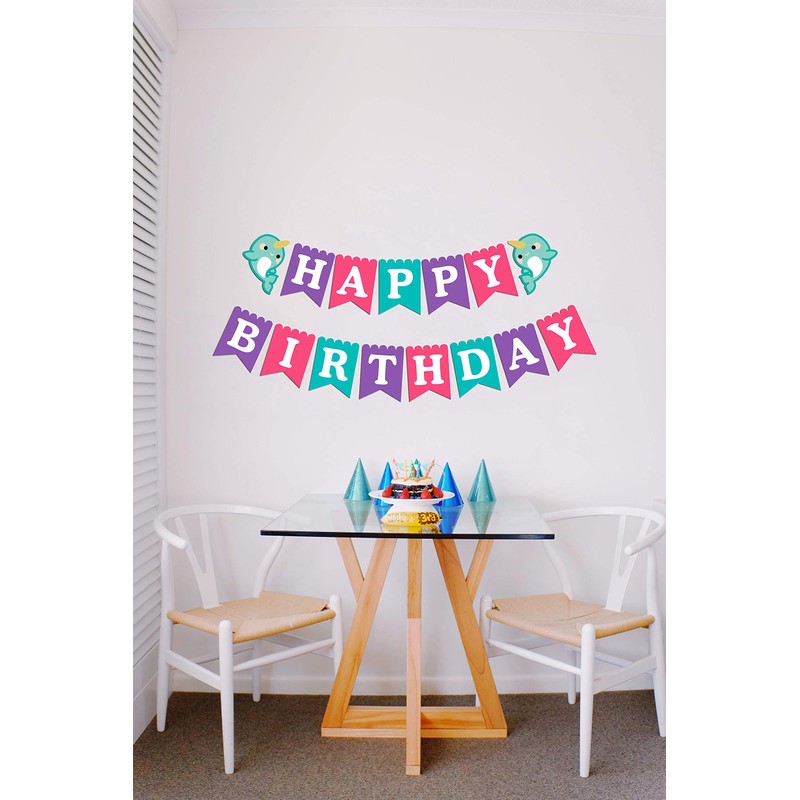 Narwhal Happy Birthday Banner, Girl Purple Pink Tiffany Blue Birthday