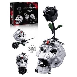 Skull Black Rose Flower Building Set, 3 in 1 Gothic Horror Decor Botanical Artificial Flowers Collection Toys, Ideal Home Office Decoration & Christmas Valentine's Day Gifts for Adults, Women