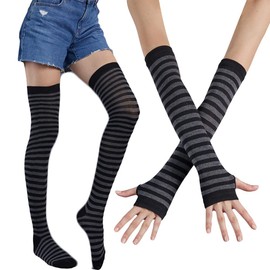 SherryDC Womens Girls Cosplay Rainbow Striped Knee High Socks Leg Arm Warmer Fingerless Gloves Set