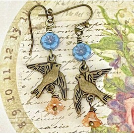 Bronze Birds with Blue and Apricot Flower Earrings Spring Nature Peace Jewelry Earrings for Women #3298FE3199
