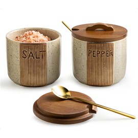 YHOJOY Ceramic Salt and Pepper Bowl, Salt Cellar with Lid and Spoons Salt Containers for Countertop Pepper Holder Box, Beige