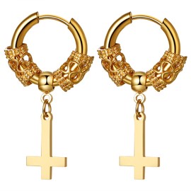 JewelryWe Cross Viking Hoop Earrings: Men Women Gold Hypoallergenic Lightweight Inverted Crucifix Unisex Huggie Hinged Retro Stainless Steel Dangle Drop Earring
